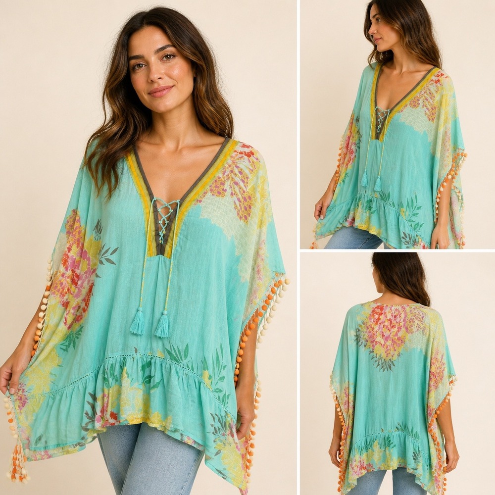 Z&L 100% Cotton Floral Poncho Top OS Aqua Boho Lace Up Tassel Pom Pom Cover Up